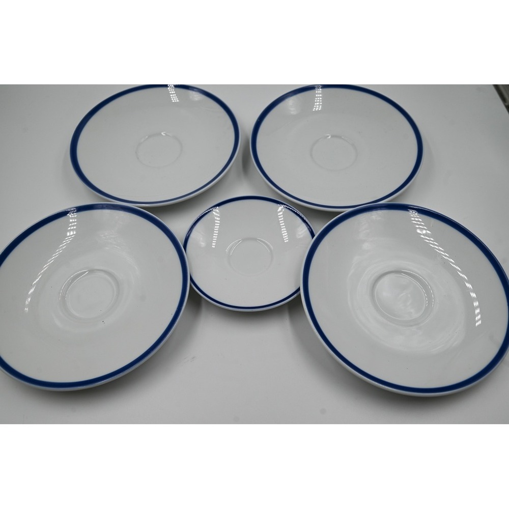Williams Sonoma Brasserie Saucers Set of 5 White Cobalt Blue Rim Japan Porcelain